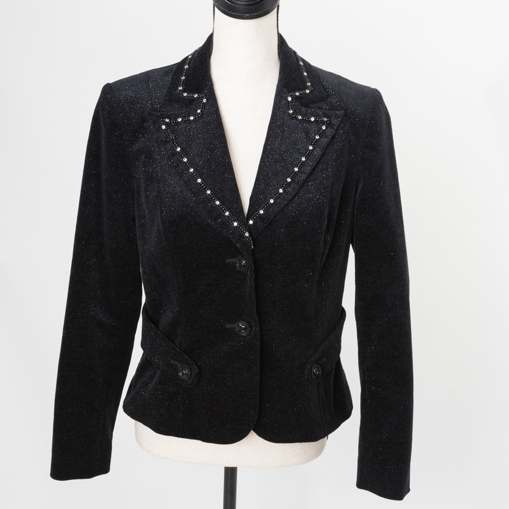 Cropped corduroy black blazer with lace inlay & embellishments M by Bisou Bisou